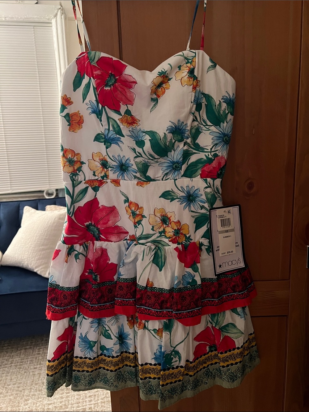 Macy's White Floral Sundress with Red, Green & Blue Accents
